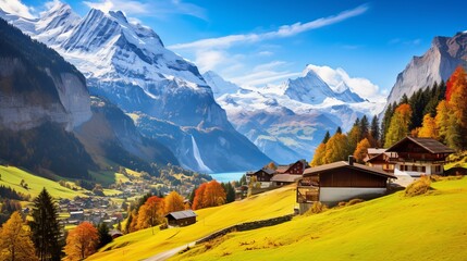 Fabulous autumn view of picturesque alpine Wengen village and Lauterbrunnen Valley with Jungfrau Mountain and on background. Location: Wengen village, Berner Oberland, Switzerland, Europe. - obrazy, fototapety, plakaty