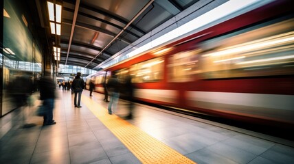 A very fast train passes a platform in a train station, motion blur, people standing on the platform