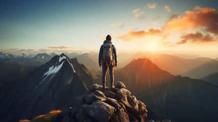 young woman hiker standing on rock and enjoying the sunsetadventure