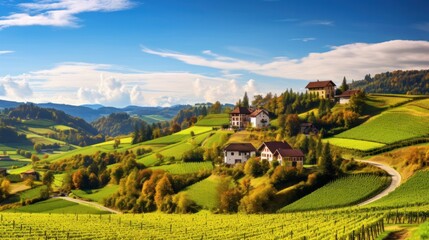 Splendid vineyards landscape in South Styria near Gamlitz. Autumn scene of grape hills in popular travell destination Eckberg. Location: Gamlitz, district of Leibnitz in Styria, Austria. Europe. - obrazy, fototapety, plakaty