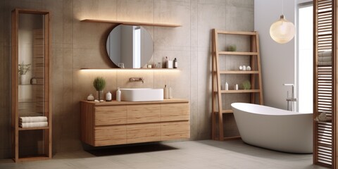 Fototapeta na wymiar Wooden bathroom furniture. Elegant minimal bathroom interior design