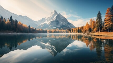 Beautiful view of Hintersee lake in autumn. Amazing nature landscape with mountains, lake and magical sky in autumn. Amazing atmospheric nature view. Travel destination. - obrazy, fototapety, plakaty