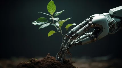 Rolgordijnen Robot hand future concept technology food science apple flower green industry arm isolated 3d plant artificial fruit. Future tech robot hand hold nature biology synthetic. AI Generative illustration © Максим Зайков