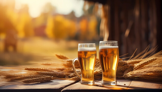 two pints of foamy beer in the sun rays on a rustic wooden table with wheat ears in front of a bokeh