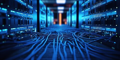 Generative AI, Closeup shot of networking cable in the server room, server rack with fiber optic cables - obrazy, fototapety, plakaty