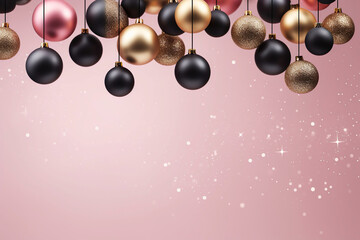 black, pink and golden christmas balls hanging in front of a soft pink background with space for text, elegant christmas background