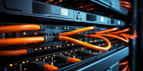 Generative AI, Closeup shot of networking cable in the server room, server rack with fiber optic cables