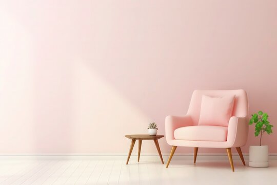Modern minimalist interior with pink armchair