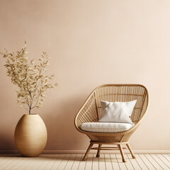 Empty beige wall mockup in boho room interior with wicker armchair and vase. Natural daylight from a window. Promotion background, AI