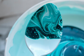 Abstraction. Turquoise colors on a spoon. Mixing turquoise paint. Different colors of turquoise and...