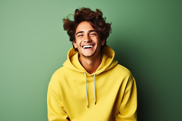 Fototapeta premium Delighted Young Man in Vibrant Attire Laughing Against a Lively Solid Background. created with Generative AI
