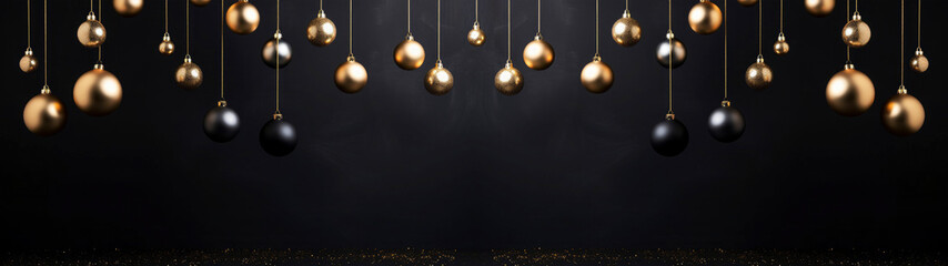 Hanging christmas baubles golden and black, celebration, advent, decorated black christmas background banner, greeting card