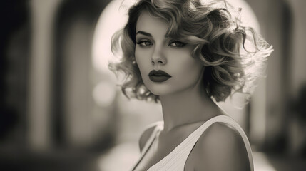 Naklejka premium Sexy woman with short hairstyle in a white dress in the garden