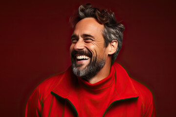 Fototapeta premium Portrait of a Charismatic, Laughing Caucasian Man in Vibrant Attire on a Bold Red Background. created with Generative AI