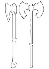 Set Of Outline Medieval Axe Vector Weapon. Vector Hand Drawn Illustration Isolated On white Background.