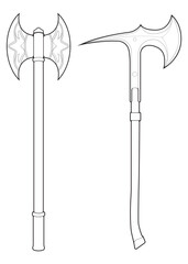 Set Of Outline Medieval Axe Vector Weapon. Vector Hand Drawn Illustration Isolated On white Background.