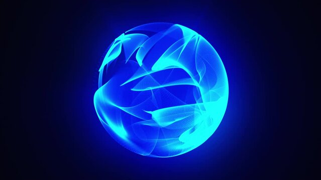 Glowing rotating particle neon blue 3d sphere in the Universe.  Virtual assistant animation. 3d energy orb. Technology, science, engineering and artificial intelligence background. 4k. Perfect loop.