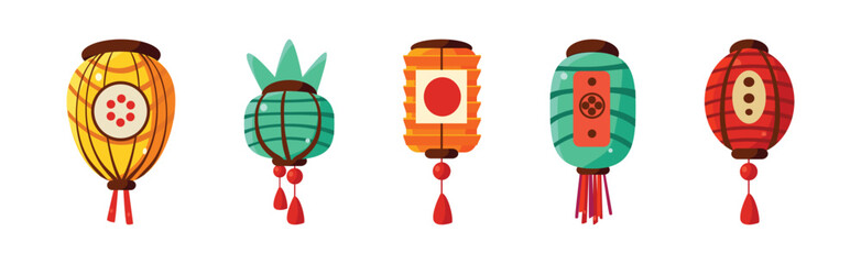 Colorful Chinese Paper Street Lanterns Hanging with Tassel Vector Set