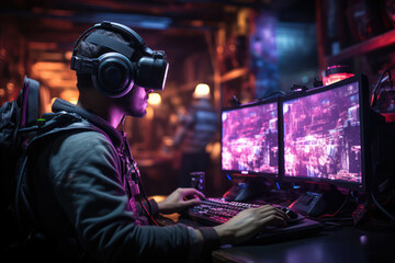 A person exploring the virtual world of a computer simulation, blurring the boundaries between reality and fiction. Concept of virtual reality. Generative Ai.