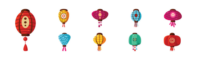 Colorful Chinese Paper Street Lanterns Hanging with Tassel Vector Set