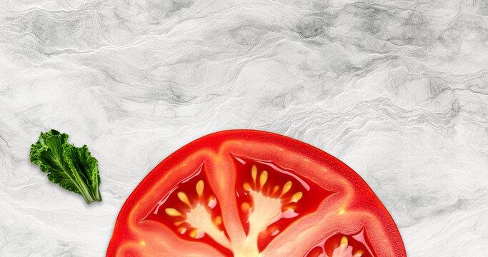Tomato on white concrete background. Top view of tomato. Banner for pizza or fast food with copy spacing
