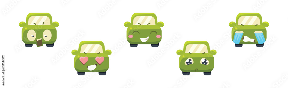 Canvas Prints Cute Green Car Cartoon Character Showing Different Emotion Vector Set