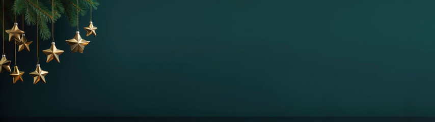 Fototapeta premium Christmas, advent, winter, christmas items with golden hanging stars and branches on dark green background, with space for design or text