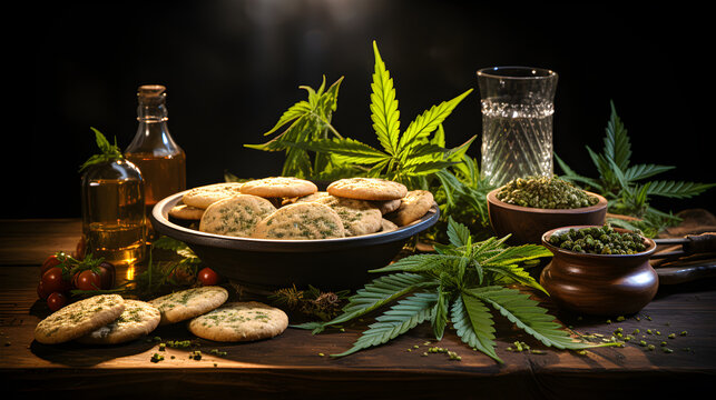 Marijuana cookies. CBD oil and other foods made with marijuana. Generative ai