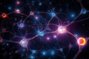 Naklejka na ściany i meble Illuminating Connections Neuron Cells Alight with Glowing Energy Forge a Network of Knowledge. created with Generative AI
