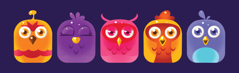 Funny Birds App Rounded Icon for Game Design Vector Set
