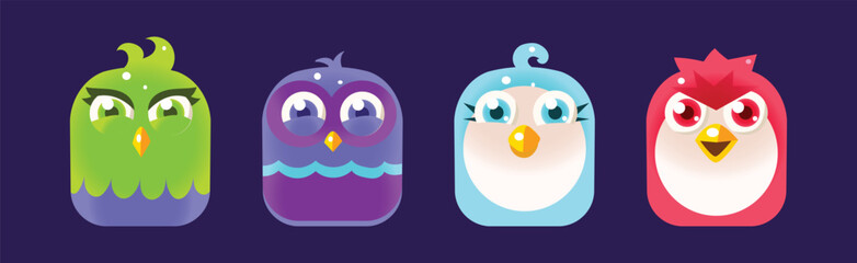Funny Birds App Rounded Icon for Game Design Vector Set