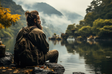 A philosopher deep in thought, sitting beside a tranquil lake, contemplating the nature of reality and perception. Generative Ai. - obrazy, fototapety, plakaty
