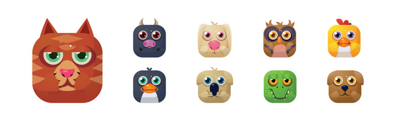 Animal Square Faces and Cute Muzzle Icon for Mobile Application Vector Set