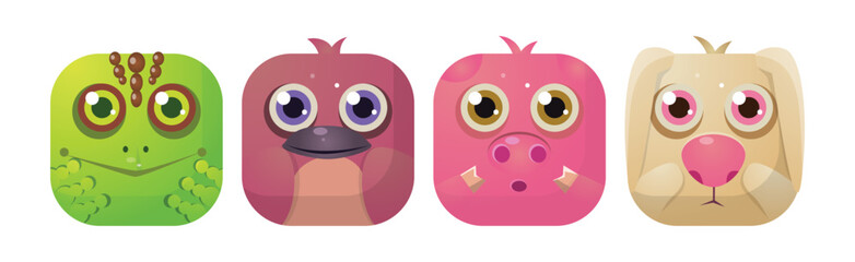 Animal Square Faces and Cute Muzzle Icon for Mobile Application Vector Set
