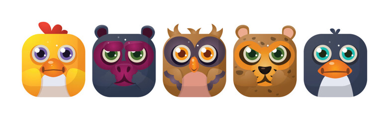 Animal Square Faces and Cute Muzzle Icon for Mobile Application Vector Set