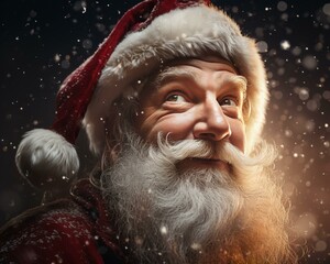 Santa Claus smiling in the mood. Christmas holiday. Magical realistic close-up view. For poster postcard and advertisement. Creative illustration