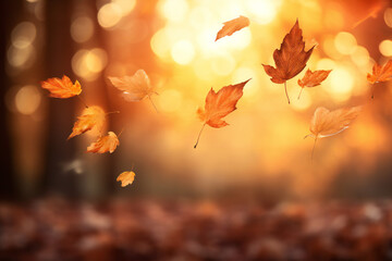Lively closeup of falling autumn leaves with vibrant backlight from the setting sun Generative AI