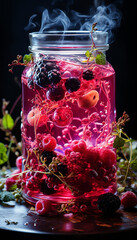 Berry freshly brewed compote in a glass jar before canning. Close-up still life