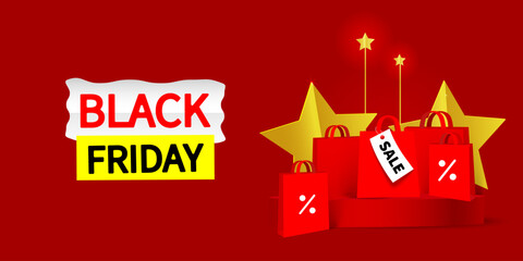 Black Friday sale banner. Red shopping bag with star on a red background. EPS 10.