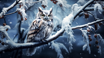 An owl perched on a snow-covered branch, observing its wintry surroundings with keen eyes.
