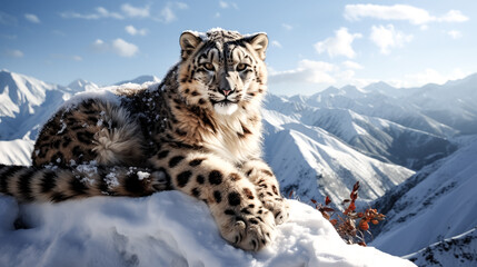 A snow leopard gazes over a Himalayan valley, its piercing eyes reflecting the rugged beauty of its surroundings.