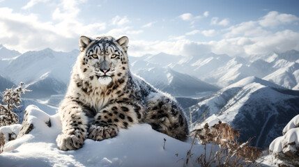 A snow leopard gazes over a Himalayan valley, taking in the stunning landscape under the clear blue sky.