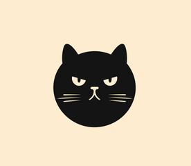 Funny cartoon cat face portraite icon, black engraving on biege background, vector