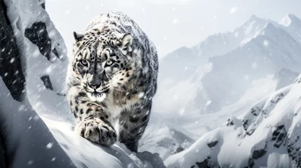 Fotobehang A snow leopard stealthily prowls through the Himalayan mountains, blending perfectly into its snowy surroundings. © Exuberation 