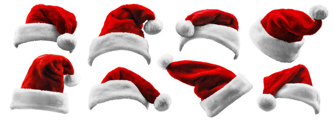 Set of Red Santa Claus Hats Isolated - obrazy, fototapety, plakaty