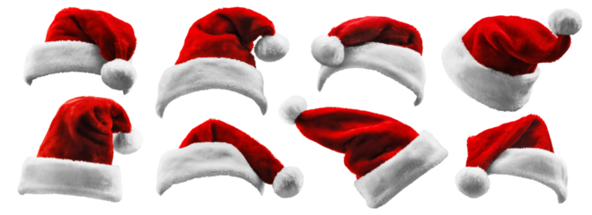 Set of Red Santa Claus Hats Isolated