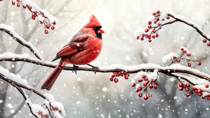 A cardinal sits on a snowy branch in a peaceful winter scene.