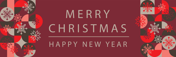 Merry Christmas and Happy New Year horizontal bauhaus banner with abstract shapes and snowflakes. Vector illustration	