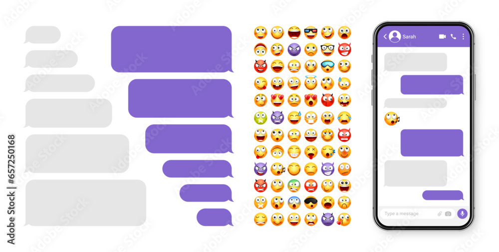 Wall mural smartphone messaging app, user interface design with emoji. sms text frame. chat screen with violet 