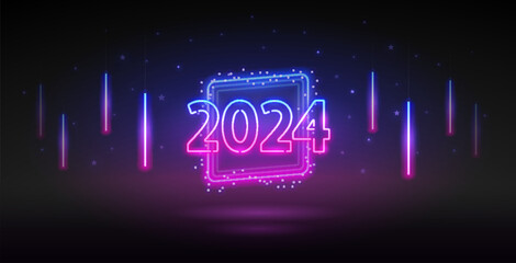 New Year 2024 Neon Design Template on Black Background. Vector clipart for your holiday projects.